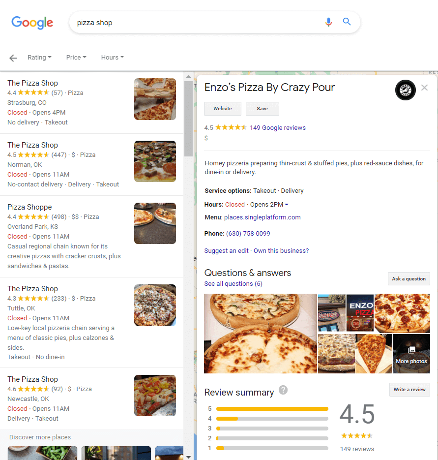 google my business account result