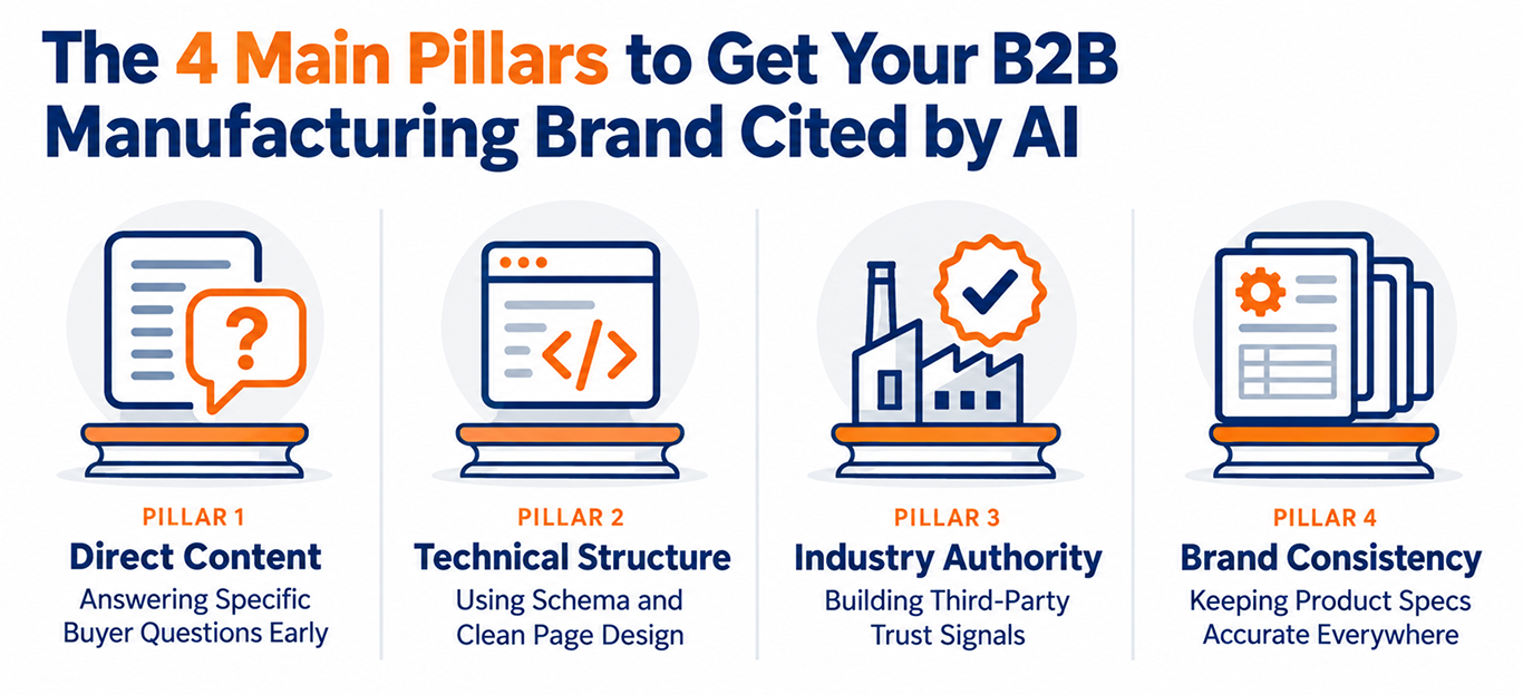 The 4 Main Pillars to Get Your B2B Manufacturing Brand Cited by AI